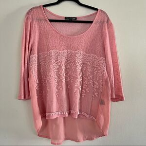 Star Scene Pink Quarter Sleeve Scoop Neck Top With Embroidered Detail Size XL